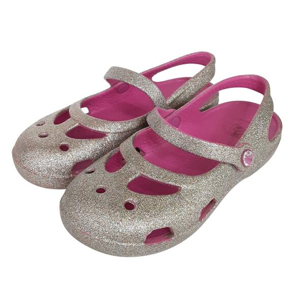 Crocs Shayna Mary Jane Slip On Shoes Girls 12 Hi Glitter Gold Pink Ballet Flats - Picture 1 of 8